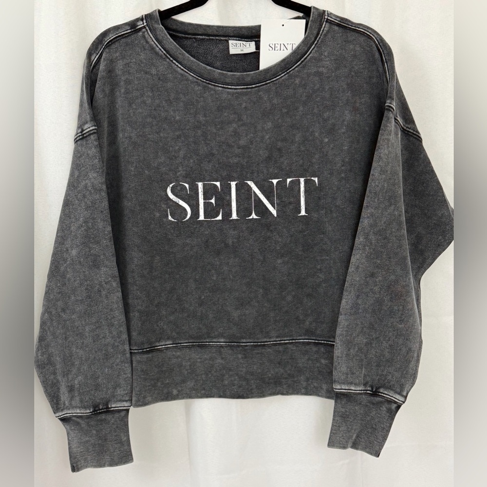 Seint Women's 100% Cotton Acid Wash Distressed Cropped Sweatshirt Medium NWT - Picture 3 of 7